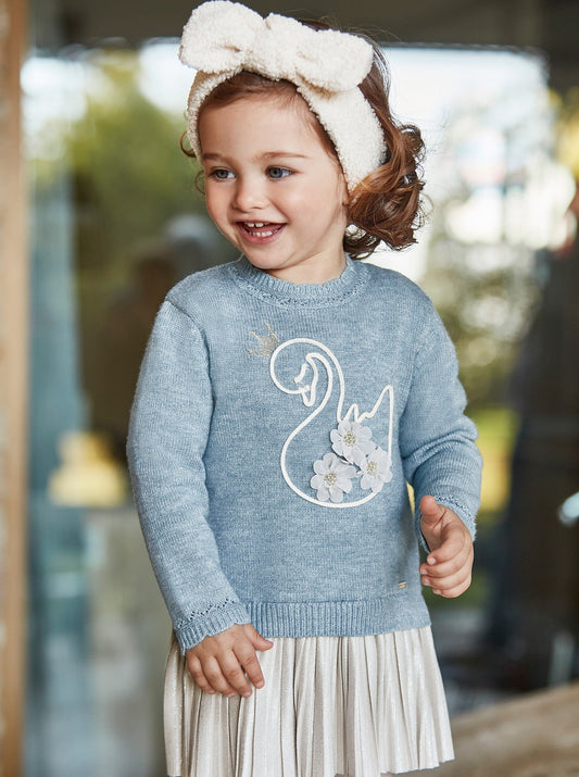 Mayoral Baby Blue Swan Pleated Knit Dress _2975-42