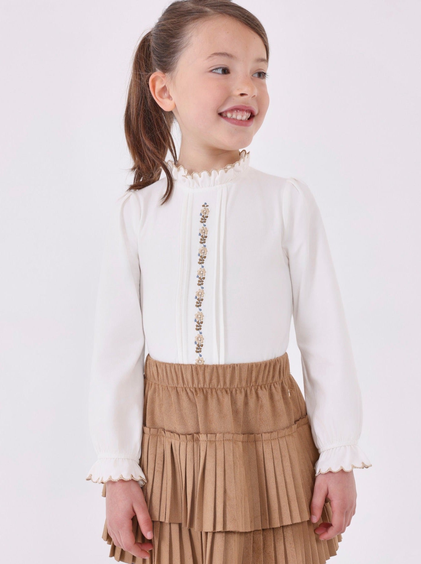 Mayoral Mini Off White & Beige Floral Embroidery Detail Blouse _4196-30