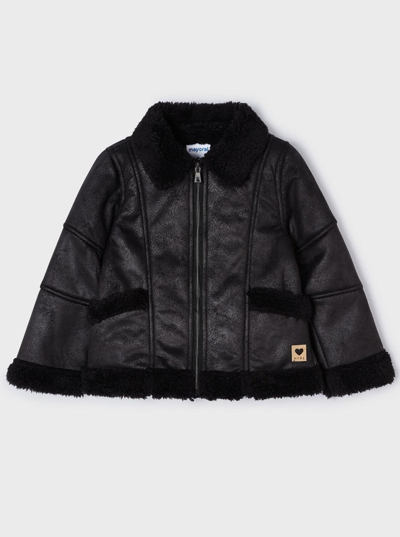 Mayoral Mini Black Shearling Collar Faux Suede Jacket _4414-85