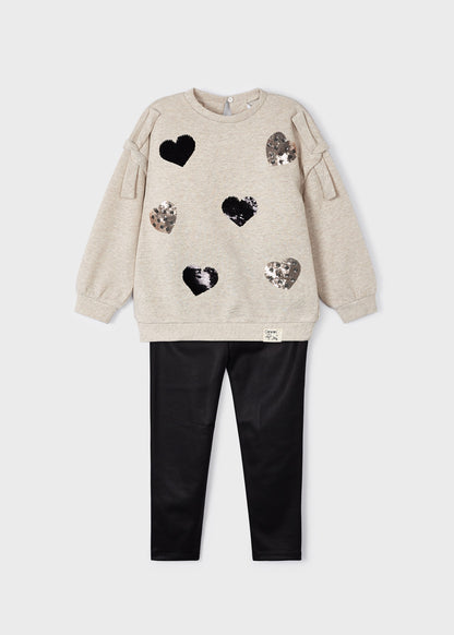 Mayoral Mini Black Heart Sequin Sweatshirt & Pleather Leggings Set _4786-78