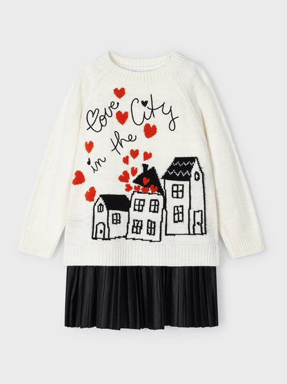 Mayoral Mini Off White & Black Pleated Skirt Dress & Graphic Sweater Set _4923-88