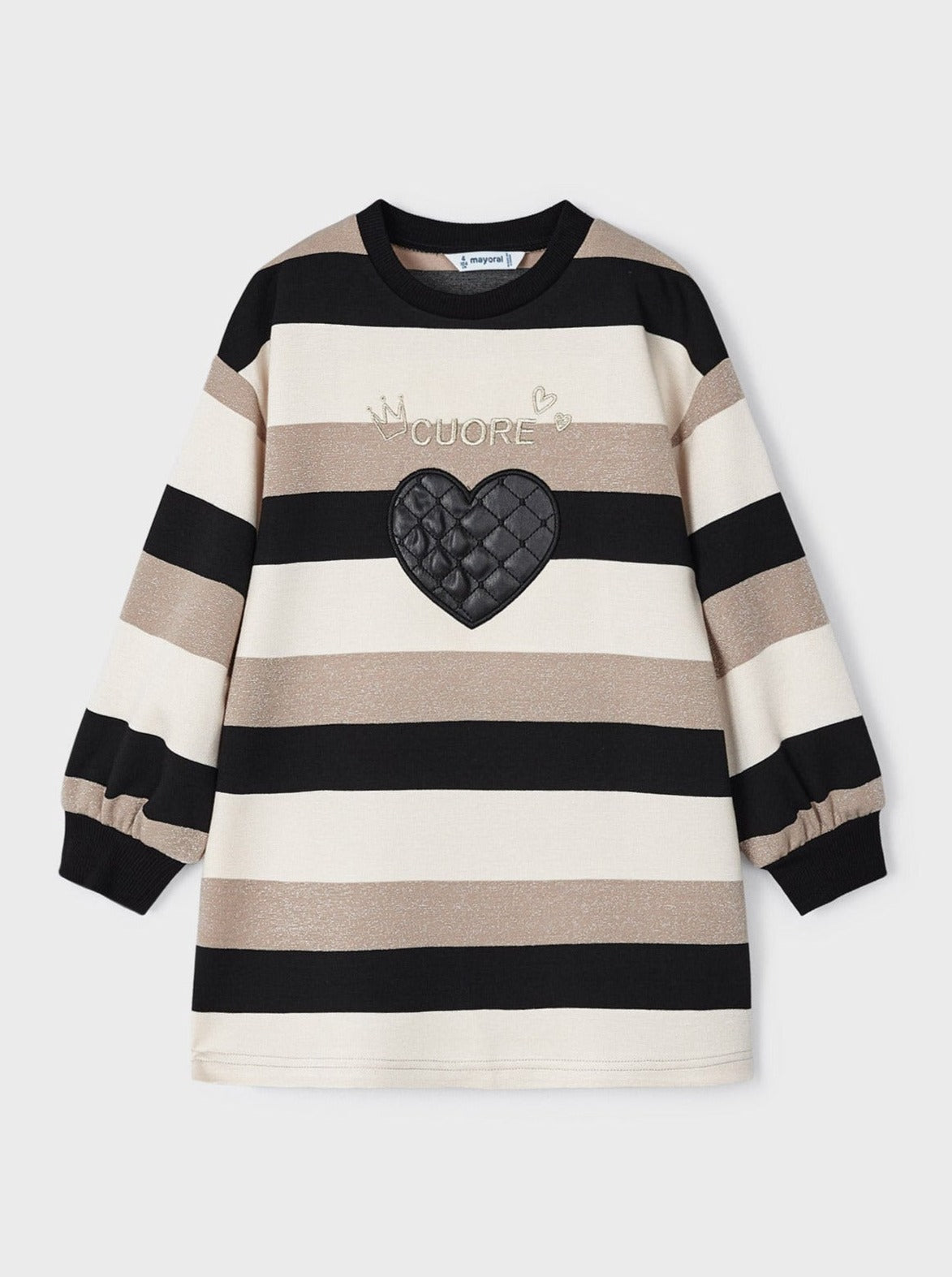Mayoral Mini Black & Beige Quilted Heart Striped Sweater Dress _4930-46