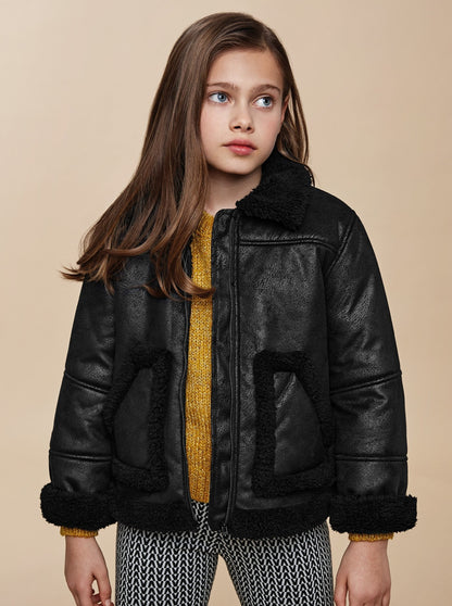 Mayoral Junior Black Faux Fur Trimmed Suede Jacket _7411-77