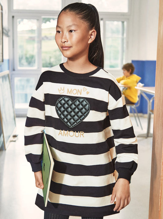 Mayoral Junior Black & White Quilted Heart Striped Sweater Dress _7960-70