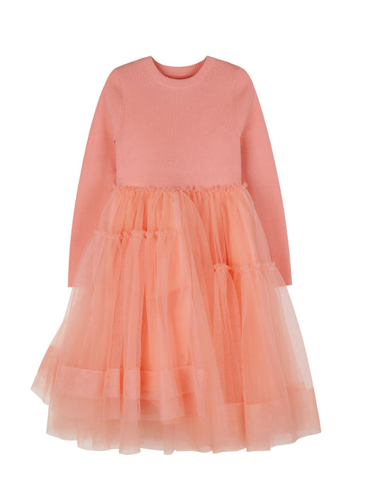  Pink Long Sleeve Sweater Dress with a tulle skirt.  Dress is below the knee. 