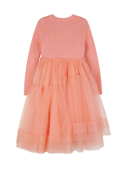  Pink Long Sleeve Sweater Dress with a tulle skirt.  Dress is below the knee. 