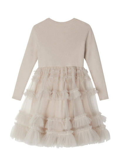 Taupe Long Sleeve Sweater Dress with a tulle skirt.  Dress is below the knee.