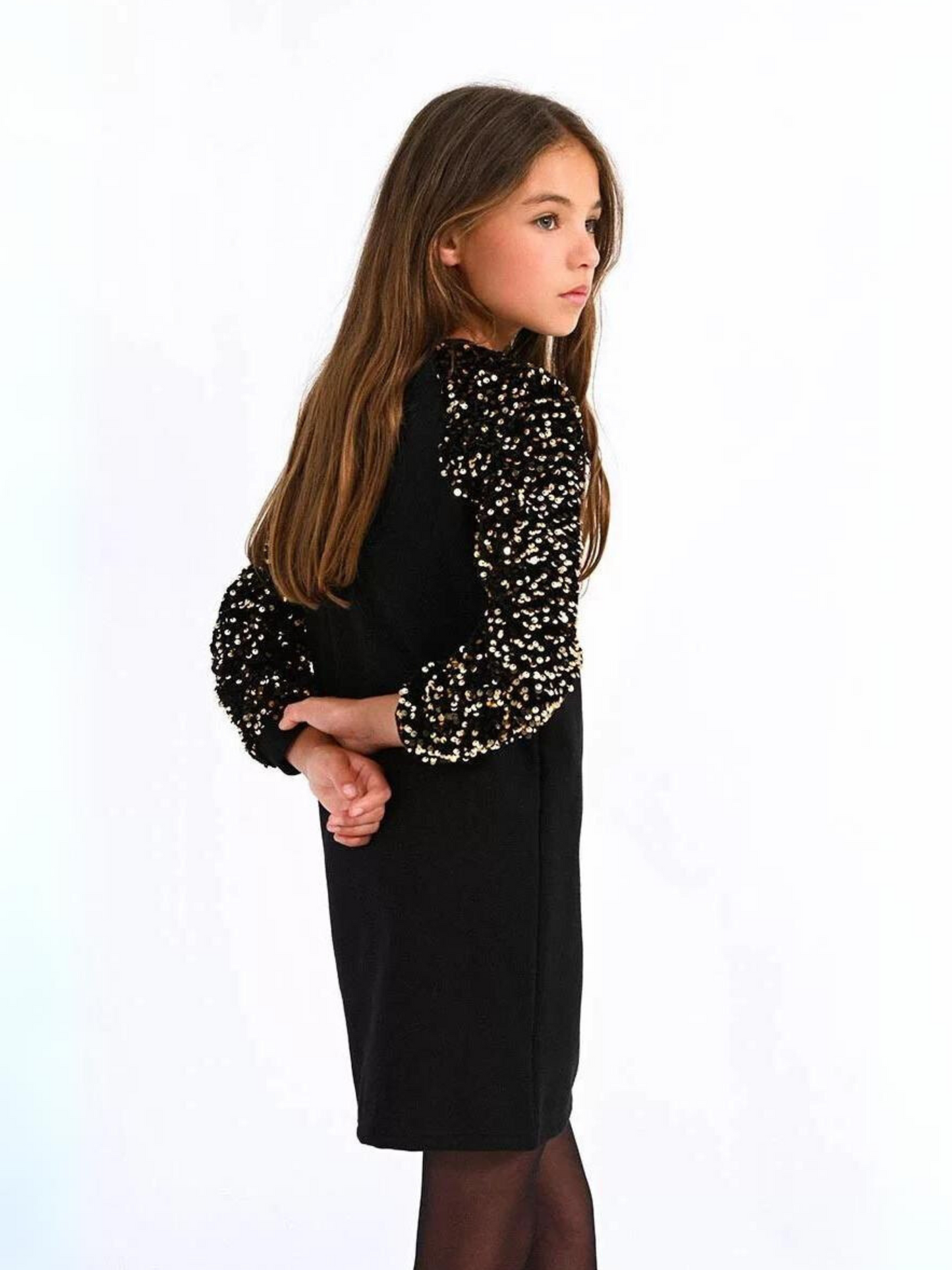 Mini Molly Black Sweatshirt Dress w/Sequin Sleeves _MMT214BN23-3110
