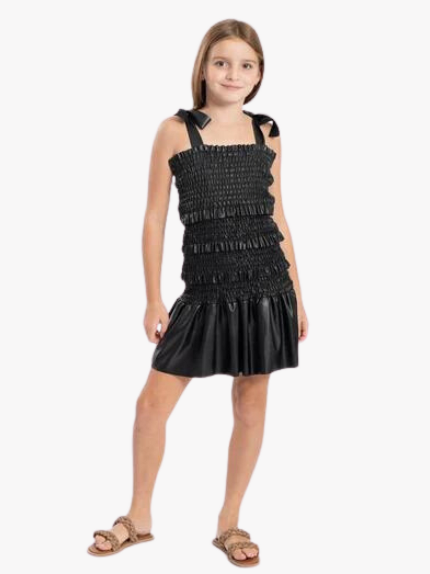 Cheryl Kids Black Pleather Smock Ruffle Tank Dress _6058-3110