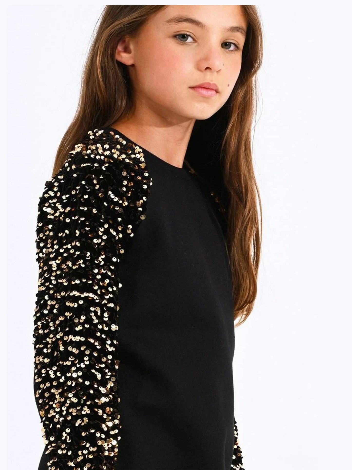 Mini Molly Black Sweatshirt Dress w/Sequin Sleeves _MMT214BN23-3110