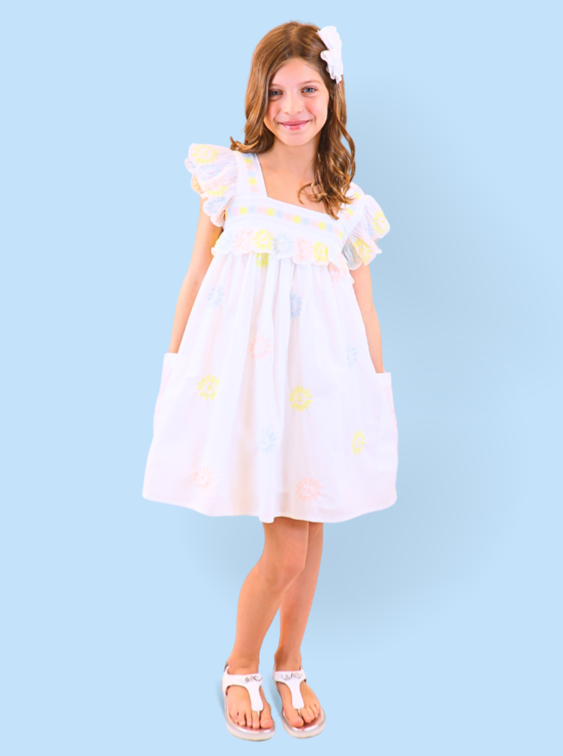 Stella McCartney Ruffle Sleeve Dress w/Colourful Embroidery _White TS1F72-Z1142-101EM