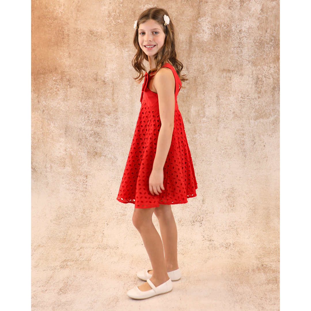 Mayoral Mini Sleeveless Dress w/Eyelet Lace Overlay & Bow _Red 3916-44