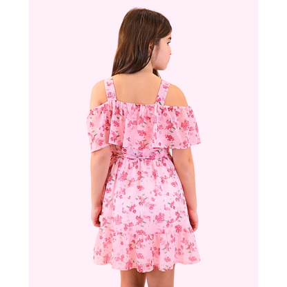 Mayoral Junior Off The Shoulder Dress w/Floral Pattern _Pink 6913-020