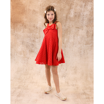 Mayoral Mini Sleeveless Dress w/Eyelet Lace Overlay & Bow _Red 3916-44
