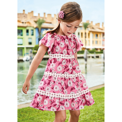 Mayoral Mini S/S Tiered  Dress w/Floral Pattern _Pink 3923-22