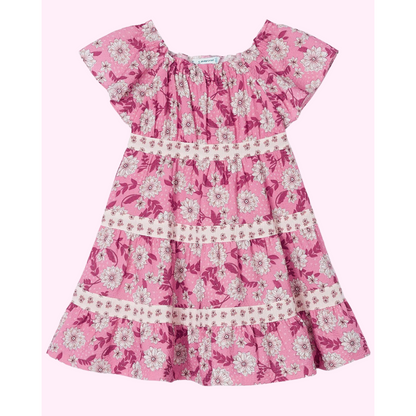 Mayoral Mini S/S Tiered  Dress w/Floral Pattern _Pink 3923-22