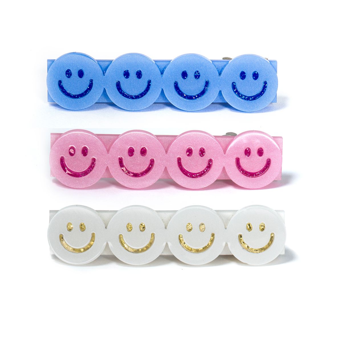 LR-Happy Faces Satin Blue White Pink Hair Clips _AC143S-3J