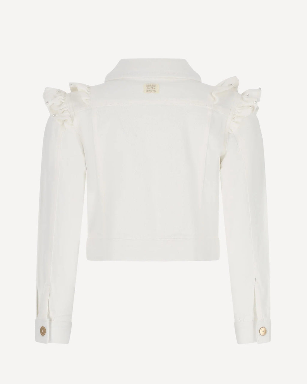 White jean jacket with ruffled shoulders on a white background