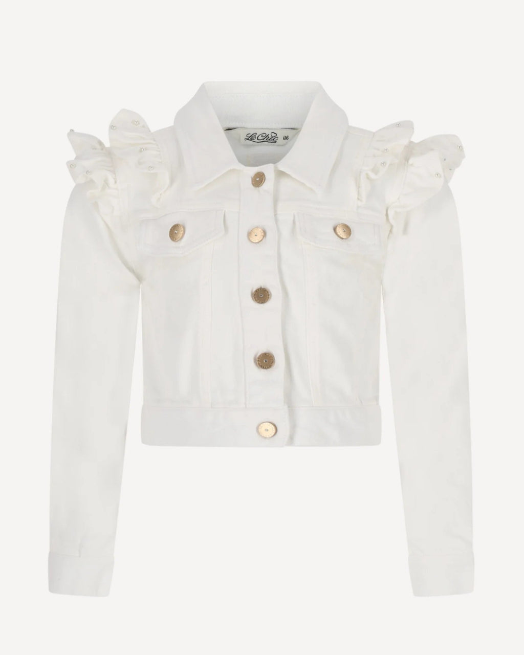 White denim jacket with ruffled collar on a white background