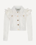White denim jacket with ruffled collar on a white background