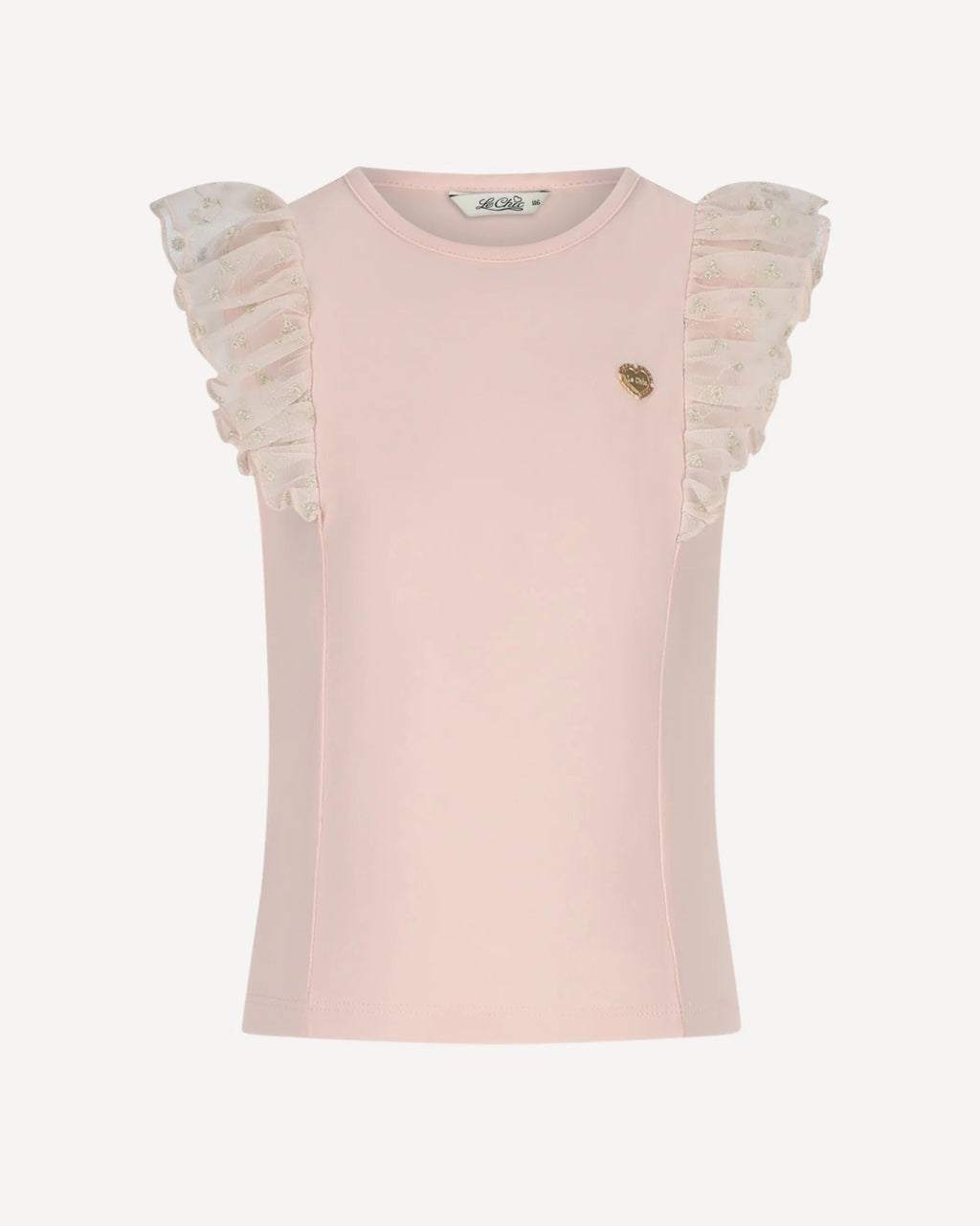 Pink top with tulle ruffled sleeves on a white background