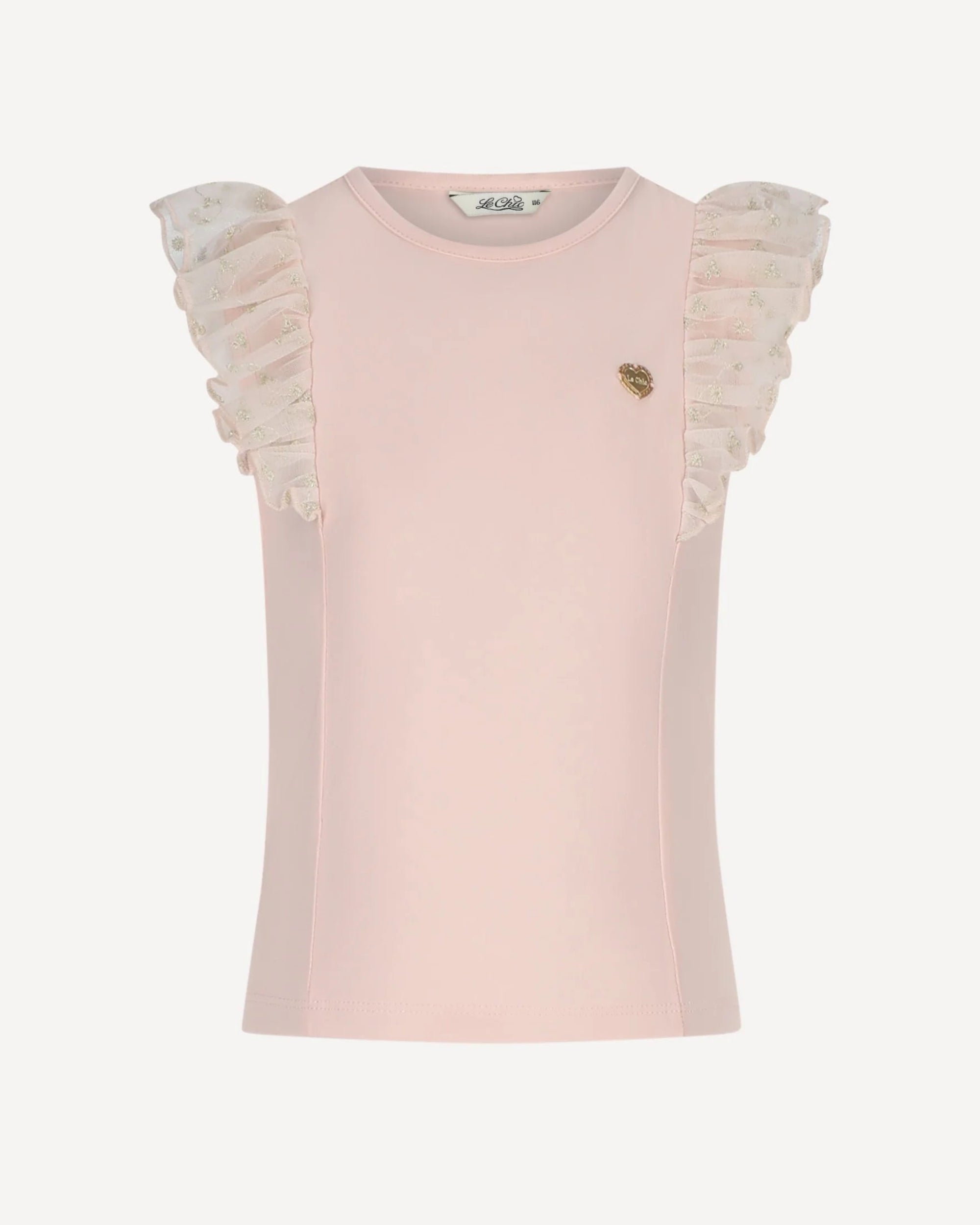 Pink top with tulle ruffled sleeves on a white background