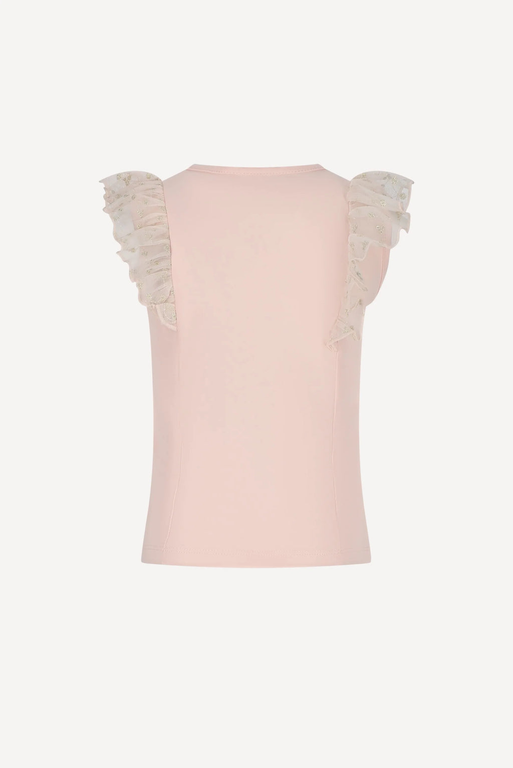Light pink sleeveless top with ruffled shoulders on a white background