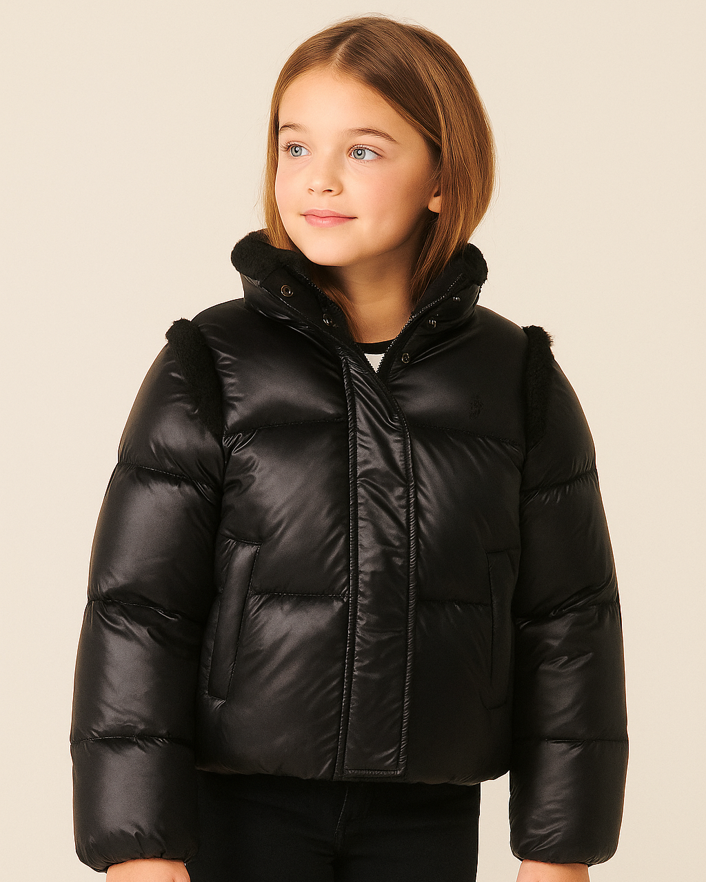 Ralph Lauren Girls Teddy Fleece–Trim Down Boxy Jacket