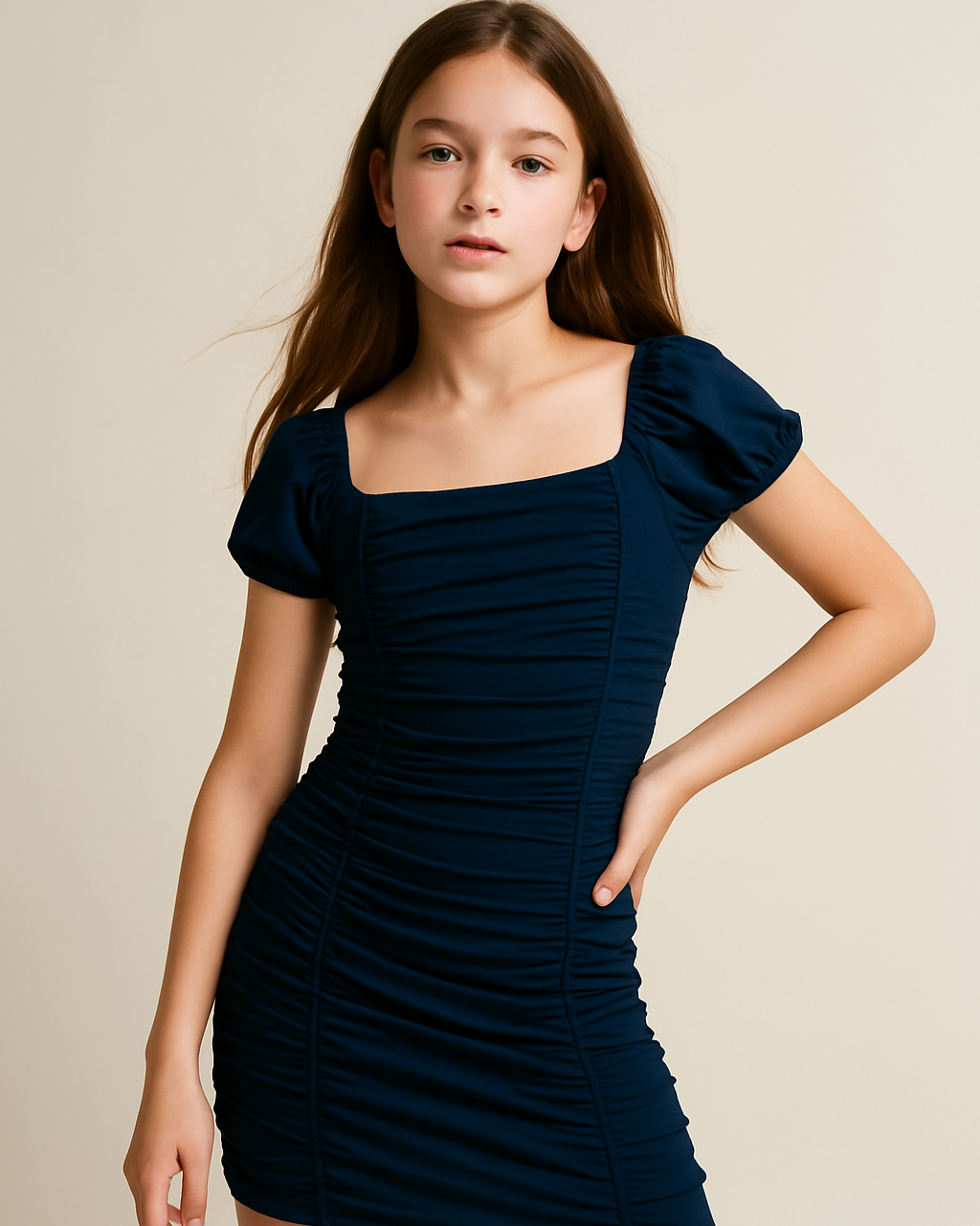 Cheryl Kids Amelia Ruched Body & Cap Sleeve Party Dresses in navy for tween girls