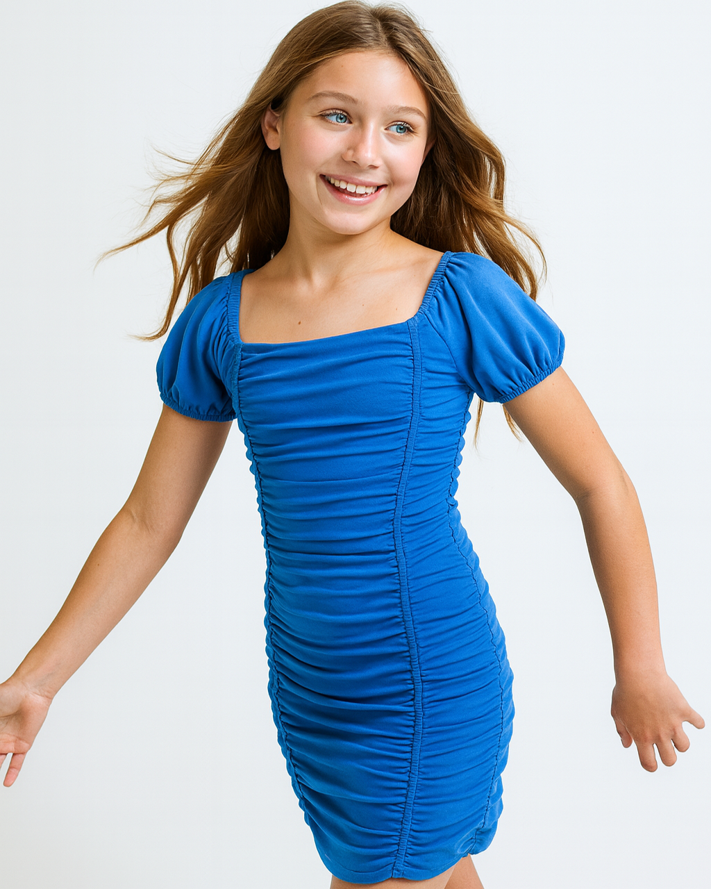Cheryl Kids Amelia Ruched Body & Cap Sleeve Party Dresses in turquoise for tween girls