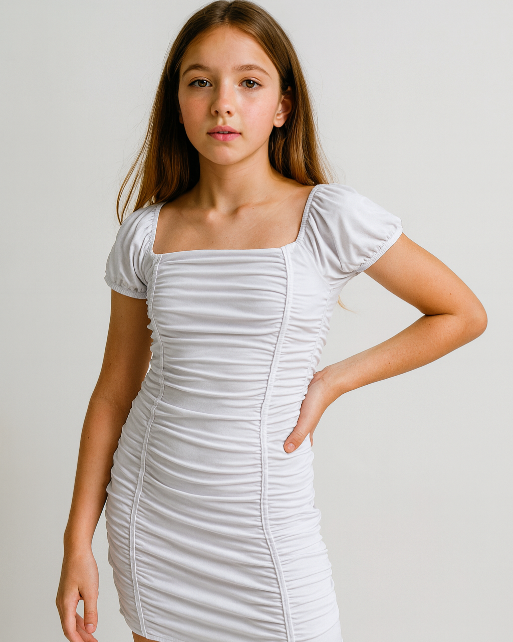 Cheryl Kids Amelia Ruched Body & Cap Sleeve Party Dresses in white for tween girls