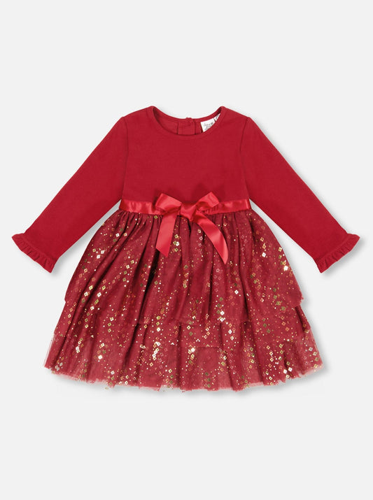 Deux Par Deux Baby Red Long Sleeve Glitter Tulle Dress _F20NG90-775A