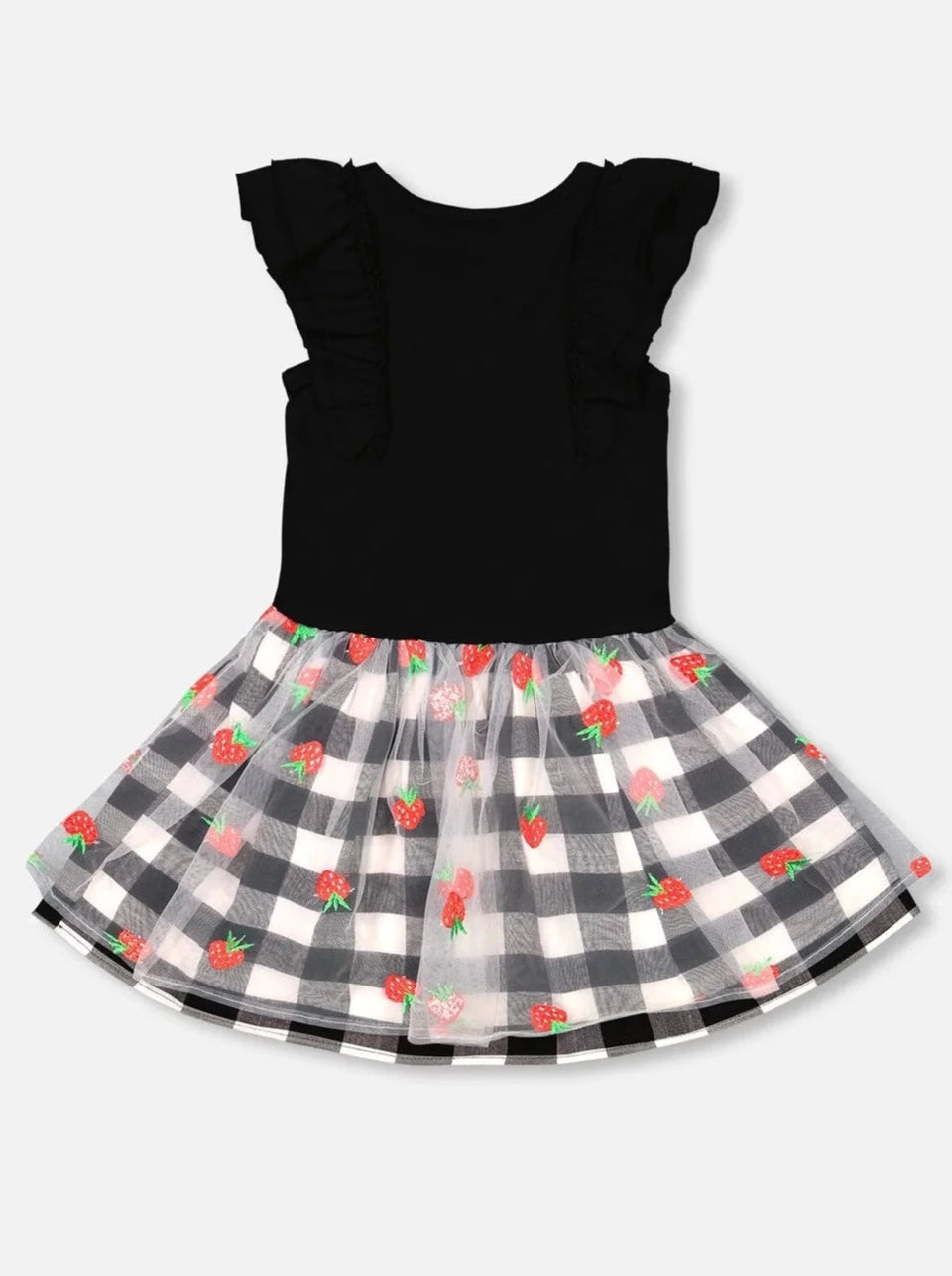 Deux Par Deux Black Bi-Material Dress w/ Mesh & Vichy Skirt_ F30K87-999