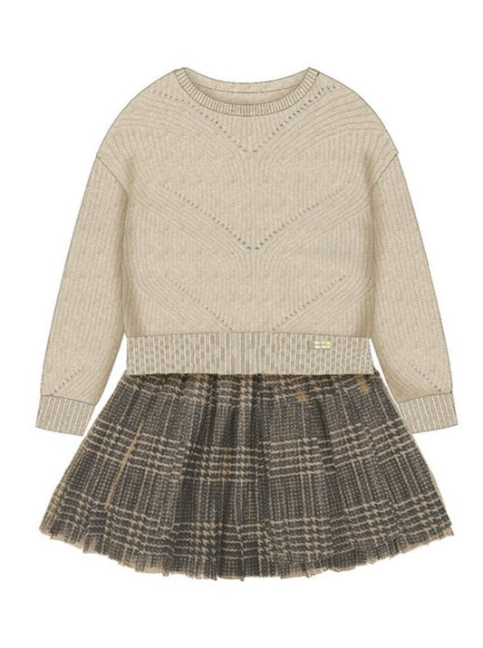 Mayoral Mini Beige Sweater & Plaid Tulle Skirt One Piece Dress _4915-70
