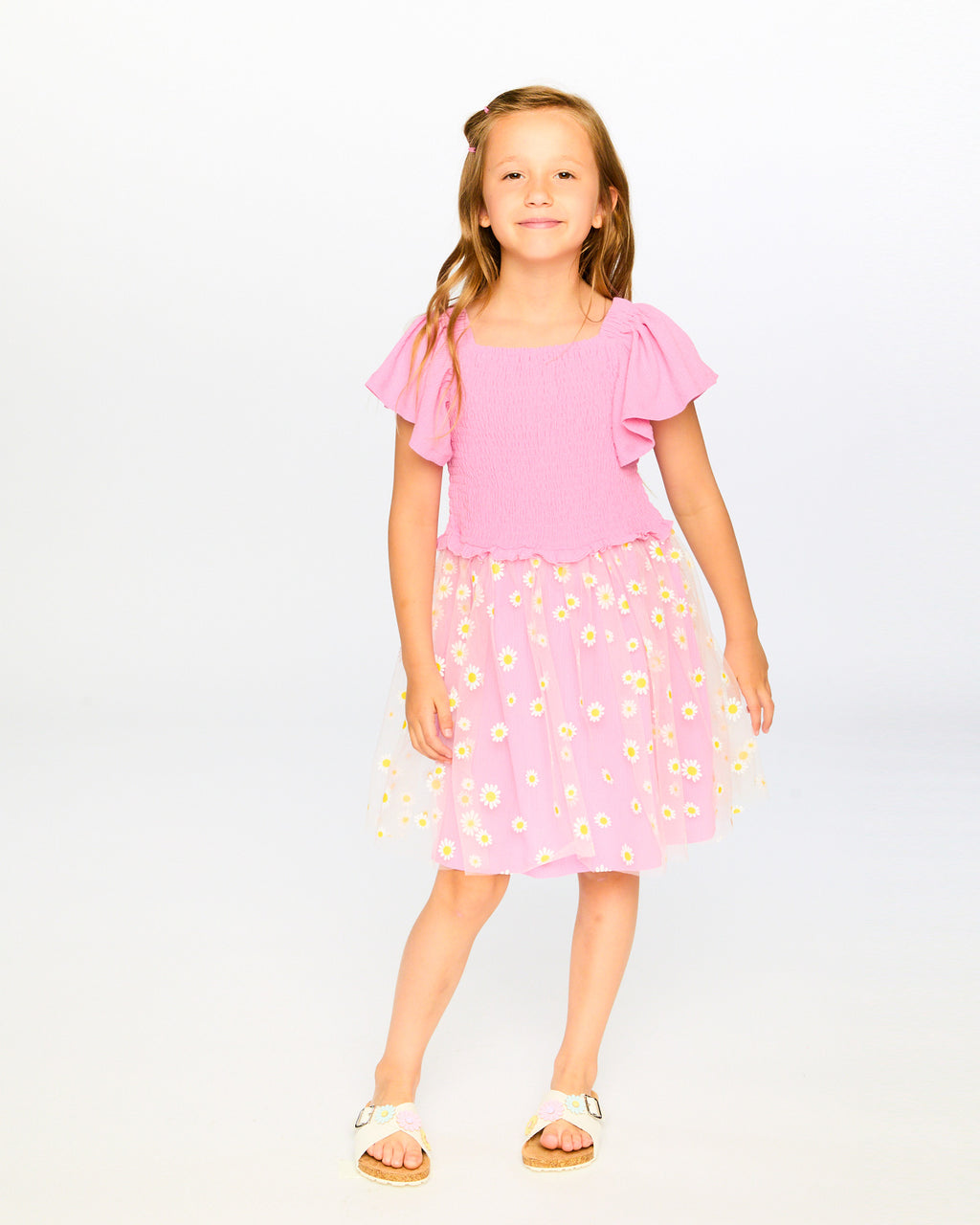 Deux Par Deux Girls Mesh Dress With Smocking_ H30I87