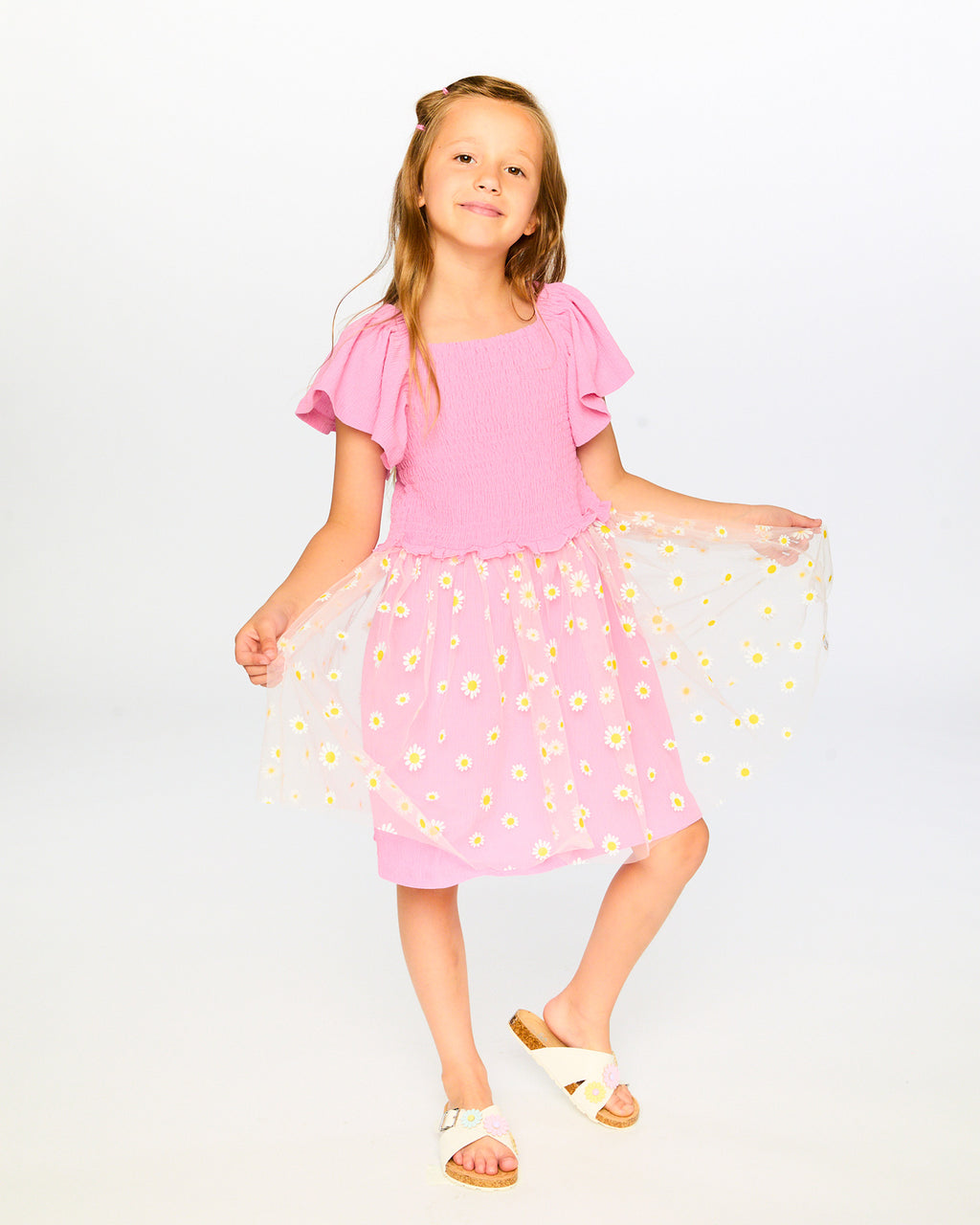Deux Par Deux Girls Mesh Dress With Smocking_ H30I87