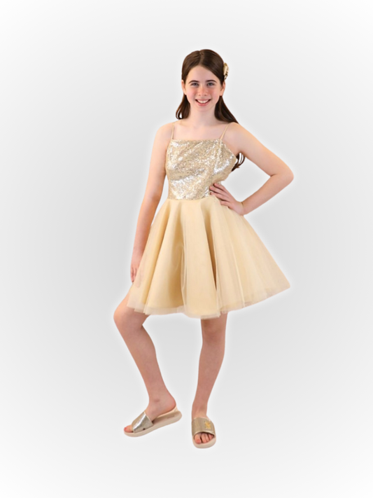 UDT Sequin & Tulle Party Dress w/Straps _K5084-GOLD