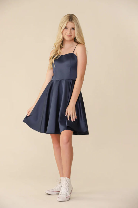 UDT Fit & Flare Glitter Navy Satin Party Dress w/Straps