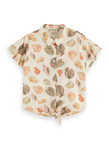 Scotch & Soda Cream Knotted Front Short Sleeved Shirt with Shells Print _ 176698-6913