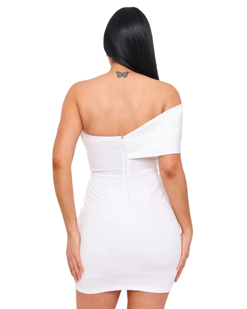 Woman wearing a white one-shoulder dress on a plain background