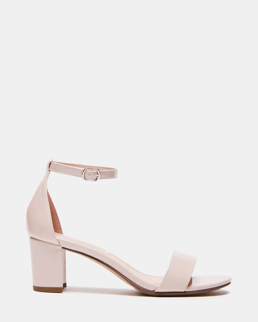 Pink sandal with block heel on a white background