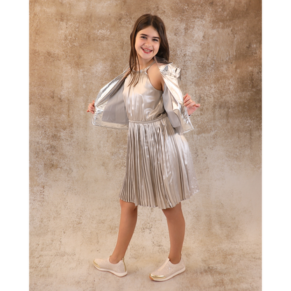 Michael Kors Sleeveless Midi Metallic Pleated Dress _Silver R12144-16