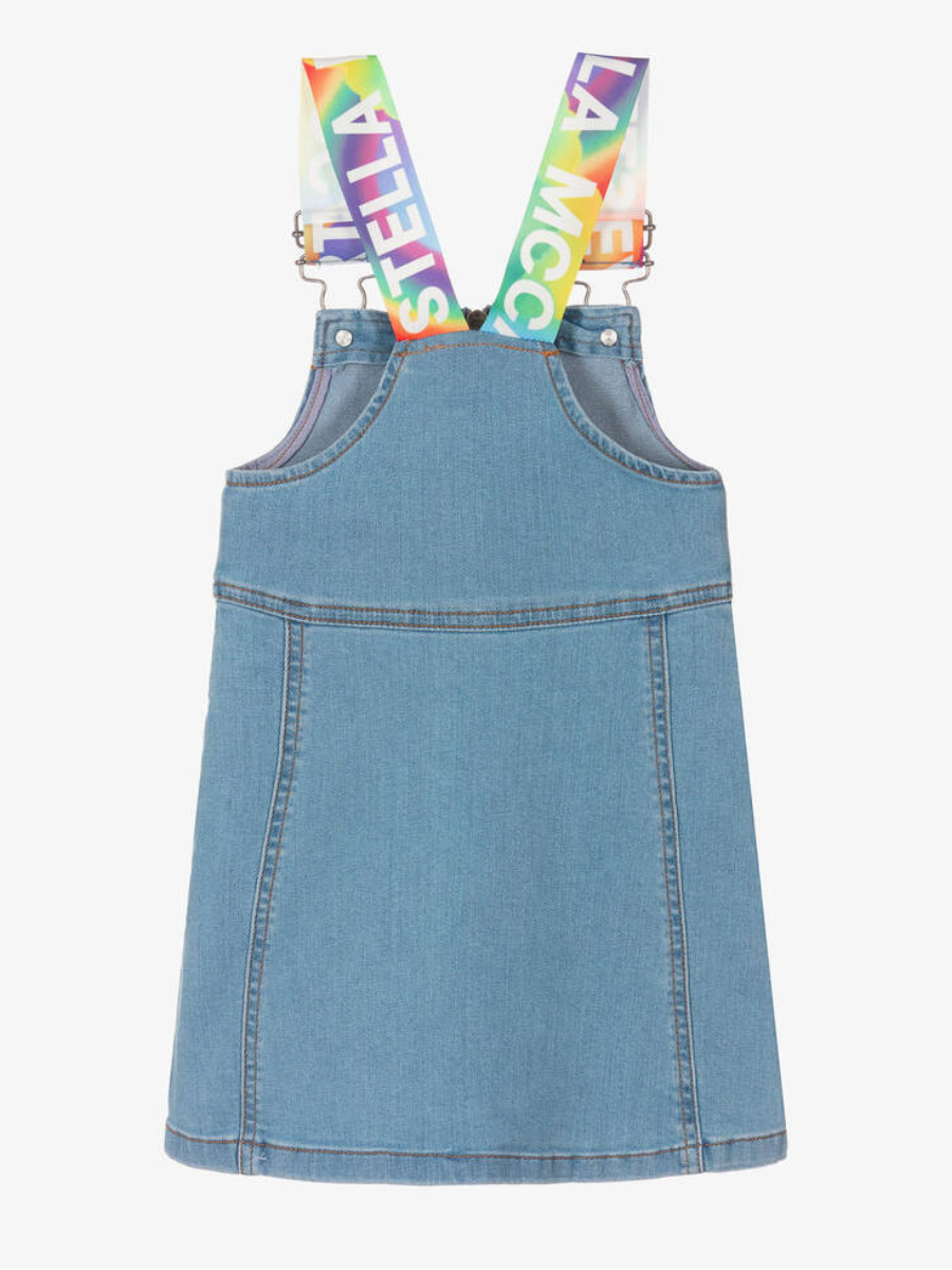 Stella McCartney Blue Denim Dungaree Dress With Rainbow Logo Tape