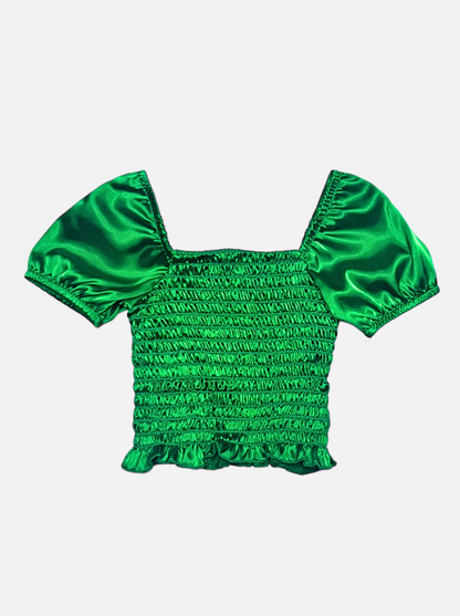 Cheryl Kids Green Satin Smocked Puff Sleeve Top _6042-0785