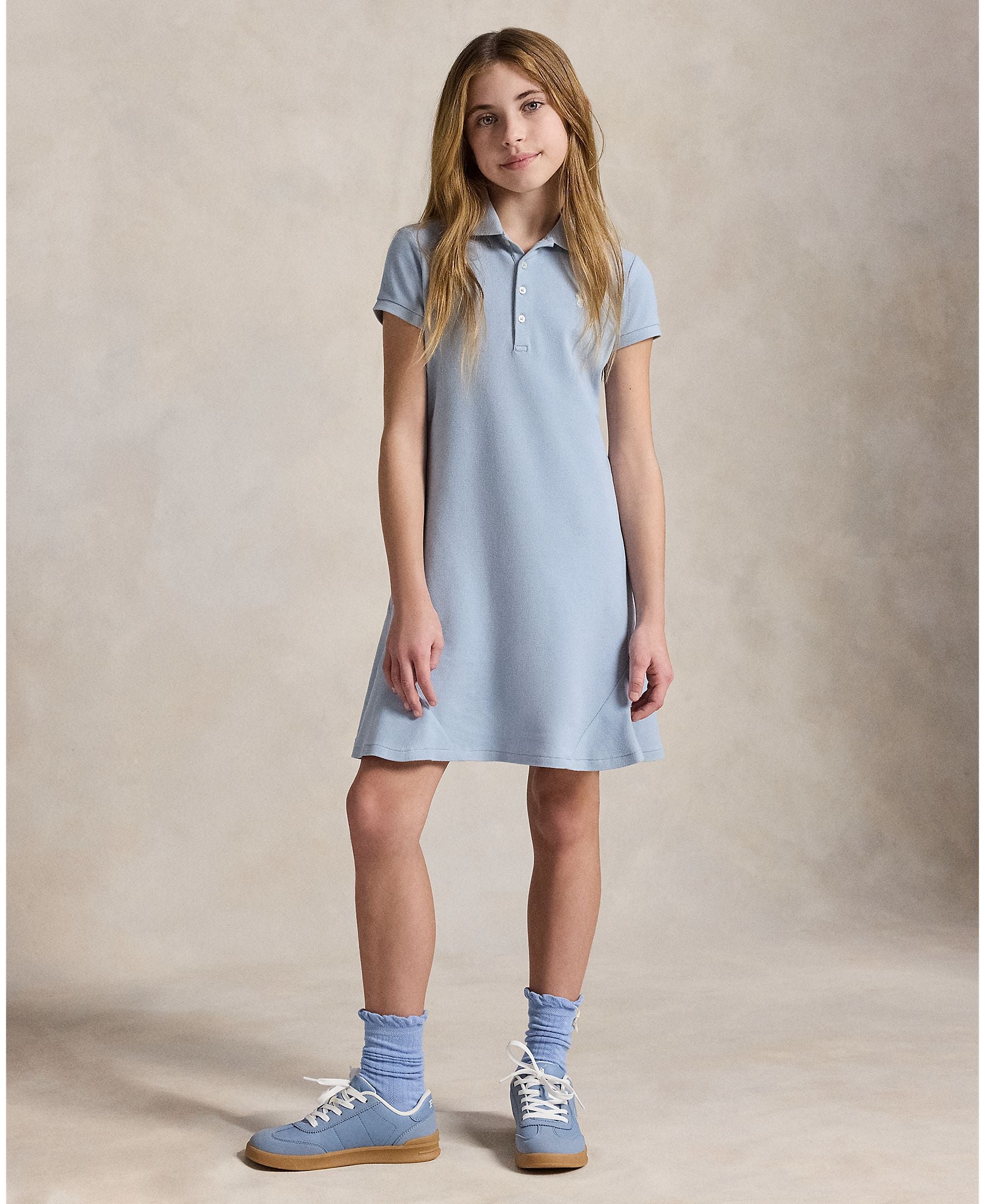 Ralph Lauren Girls Stretch Mesh Flare Estate Blue Polo Dress_ 313934962502