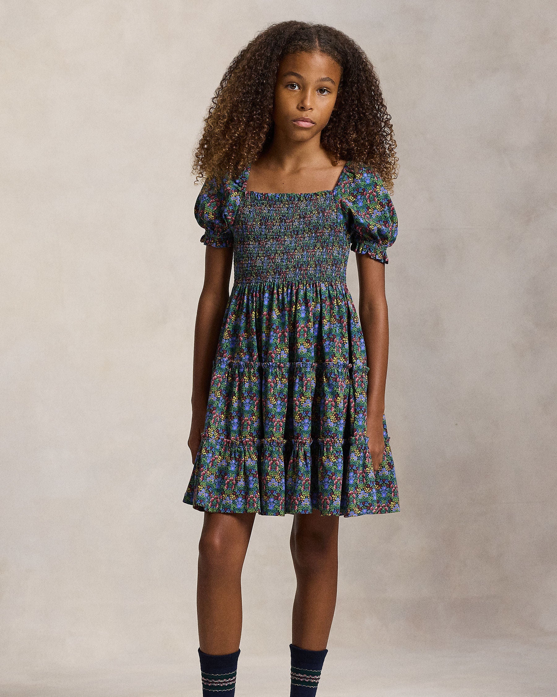 Ralph Lauren Girls Floral Smocked Cotton Jersey Dress
