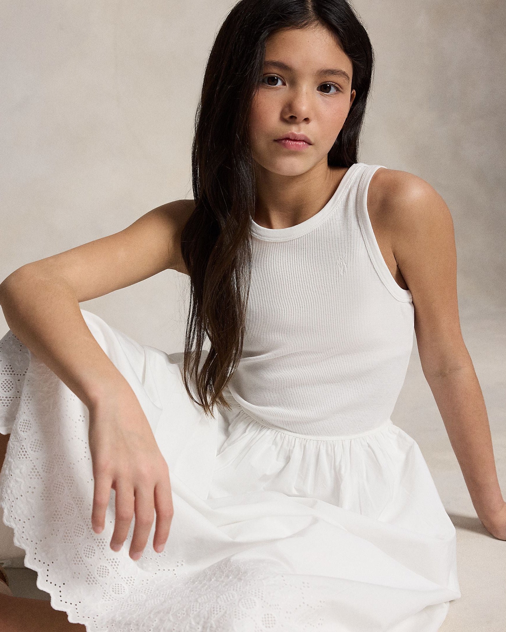 Ralph Lauren Girls Eyelet-Skirt Ribbed Cotton Maxi Dress