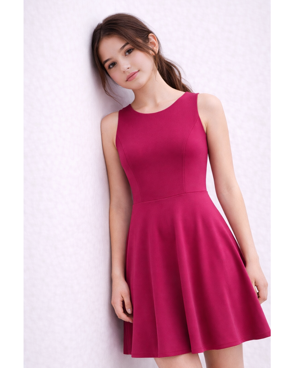 girl wearing a pink dress against a white background