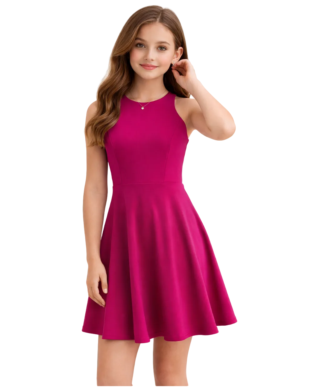 Woman wearing a pink dress on a white background