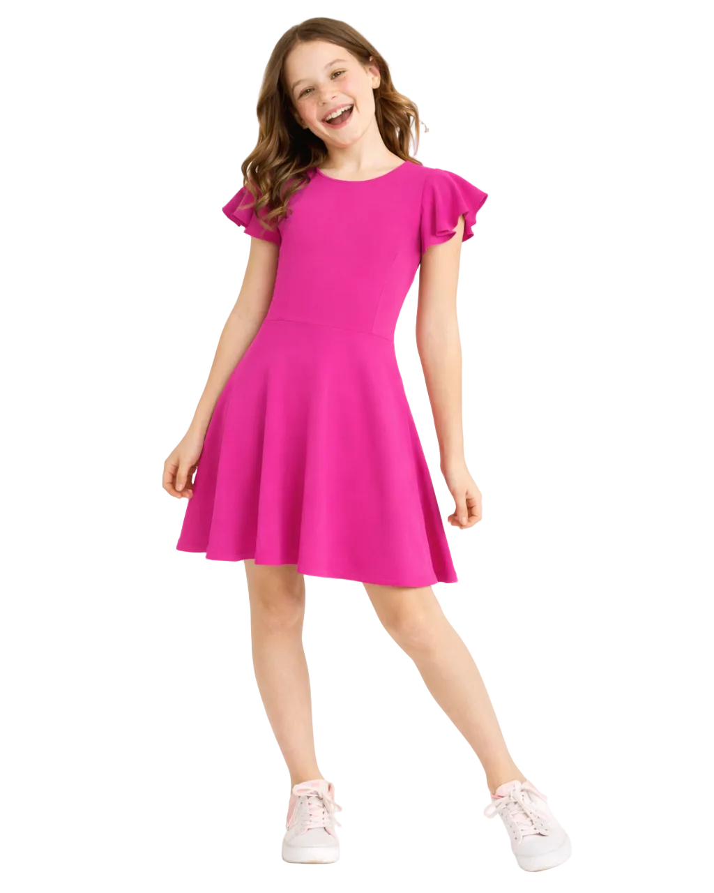 Young girl wearing a pink dress on a white background